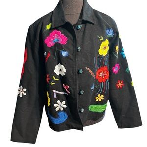 Vintage Puffin Island Sportswear Embroidered Floral Jacket Art Glass Buttons L